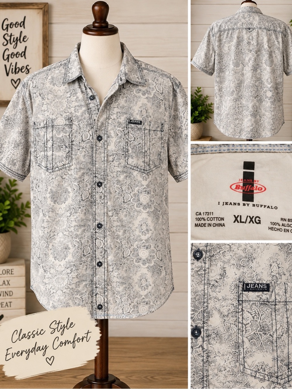 i jeans by Buffalo Short-Sleeve Paisley Button-Down Shirt in Light Gray